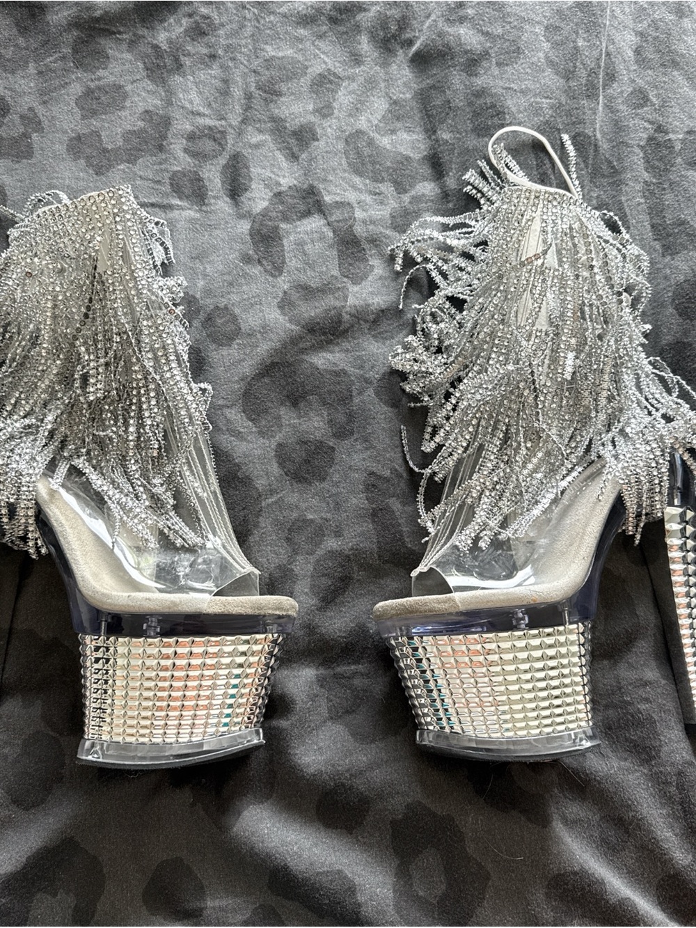 Pleaser Silver Crystal Fringe Platform Heels